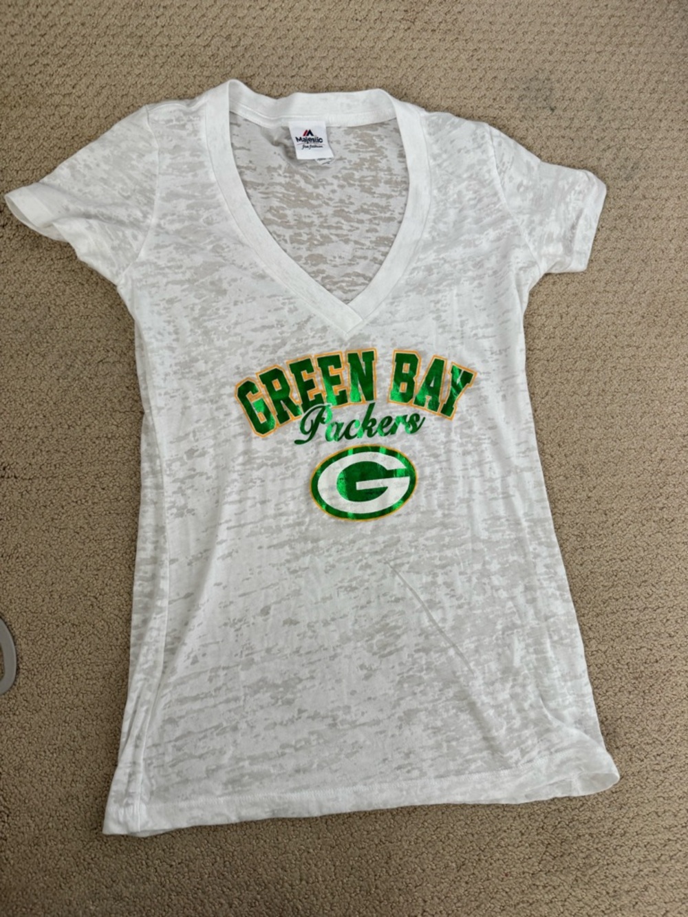Majestic White Green Bay Packers Women's V-Neck Tee with Green and Gold Logo